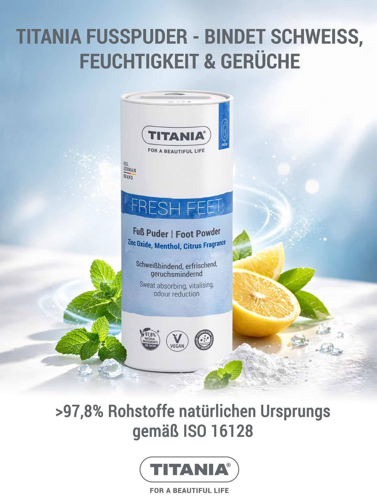 Fußpuder - bindet Schweiß, Feuchtigkeit & Gerüche