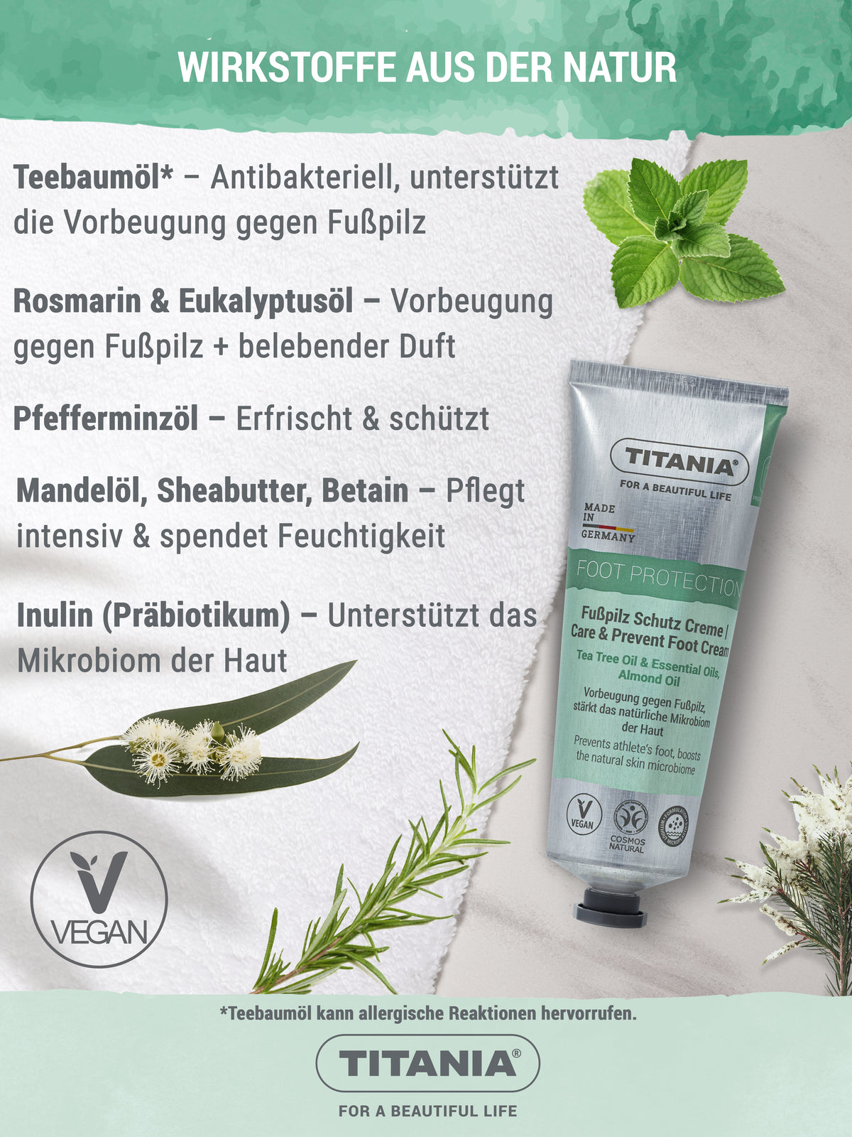Fußpilz Schutz Creme mit Teebaumöl, Rosmarin & Mandelöl